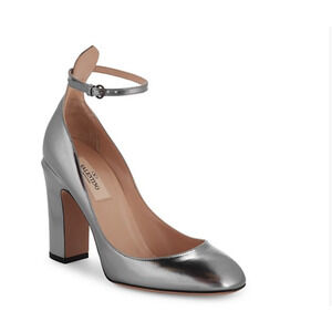 Valentino Tan-Go Leather Pumps Silver 39 Ankle Strap Metallic Heels 8.5 Block